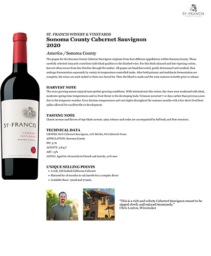 Sonoma County Cabernet Sauvignon 2020 Fact Sheet