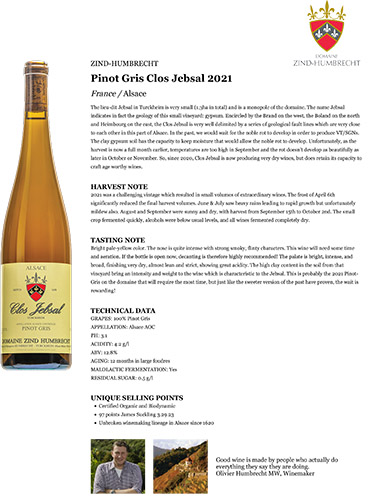 Pinot Gris Clos Jebsal 2021 Fact Sheet