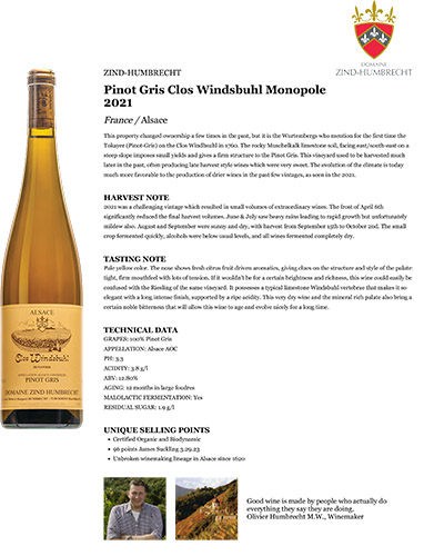 Pinot Gris Clos Windsbuhl Monopole 2021 Fact Sheet