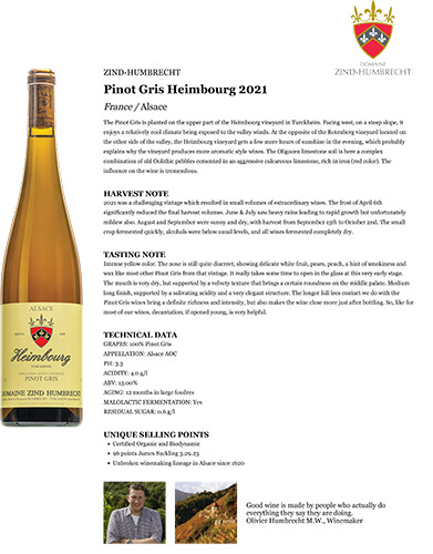 Pinot Gris Heimbourg 2021 Fact Sheet