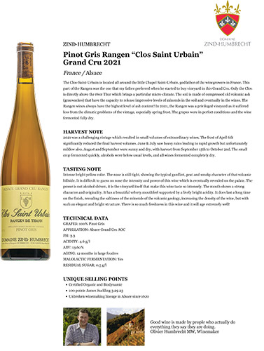 Pinot Gris Rangen “Clos Saint Urbain” Grand Cru 2021 Fact Sheet