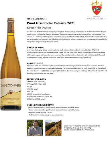 Pinot Gris Roche Calcaire 2021 Fact Sheet