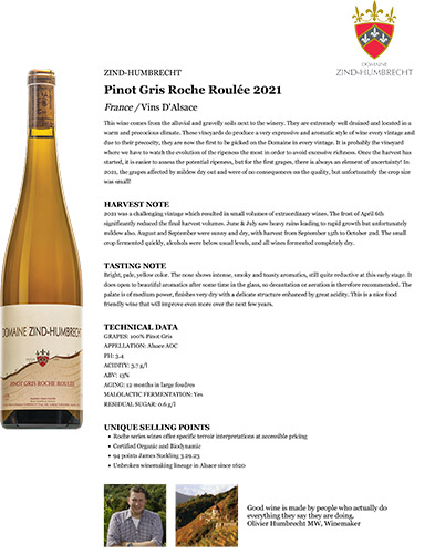 Pinot Gris Roche Roulée 2021 Fact Sheet