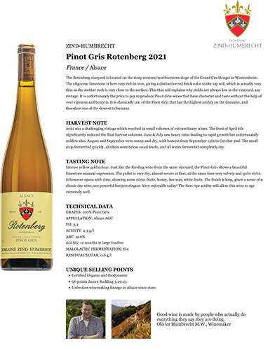 Pinot Gris Rotenberg 2021 Fact Sheet