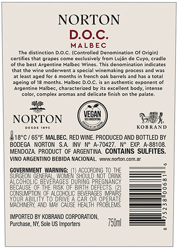 Malbec D.O.C. 2021 Back Label