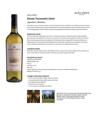 Estate Torrontés 2022 Fact Sheet