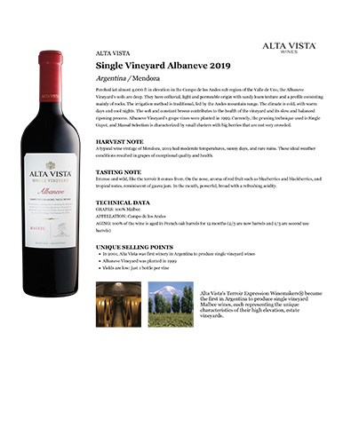 Single Vineyard Albaneve 2019 Fact Sheet
