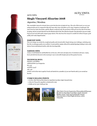 Single Vineyard Alizarine 2018 Fact Sheet