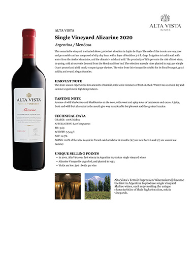 Single Vineyard Alizarine 2020 Fact Sheet