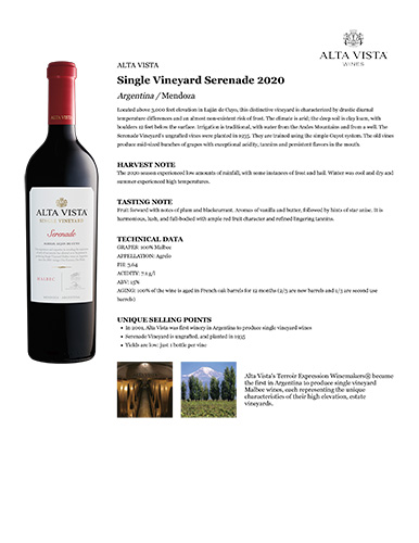 Single Vineyard Serenade 2020 Fact Sheet