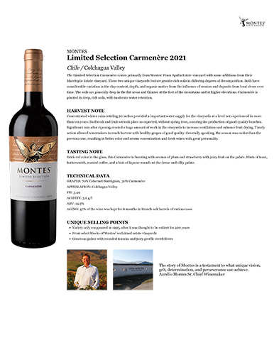 Limited Selection Carmenère 2021 Fact Sheet