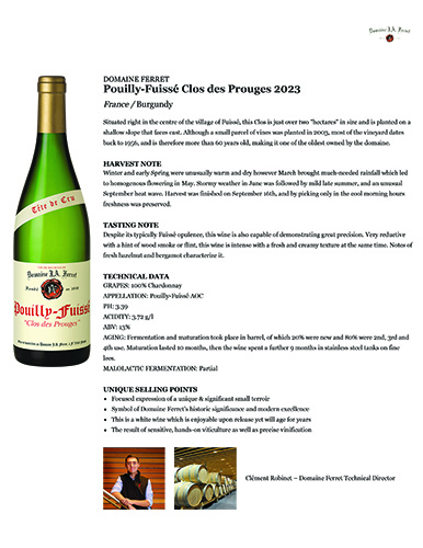Pouilly-Fuissé Clos des Prouges 2023 Fact Sheet