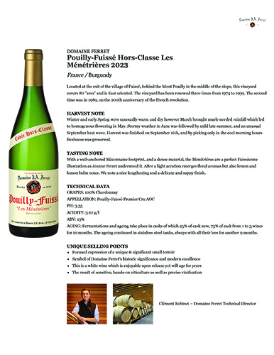 Pouilly-Fuissé Hors-Classe Les Ménétrières 2023 Fact Sheet