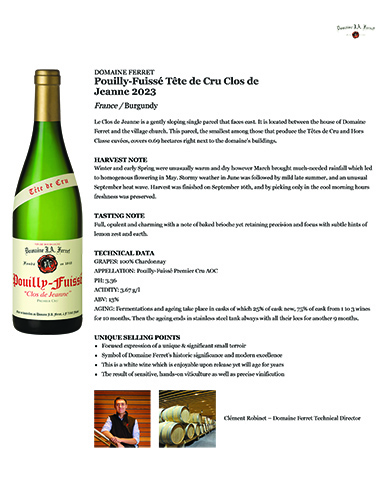 Pouilly-Fuissé Tête de Cru Clos de Jeanne 2023 Fact Sheet