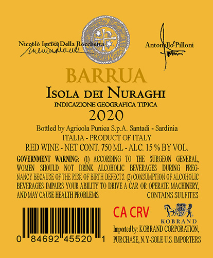 Barrua Isola dei Nuraghi IGT 2020 Back Label