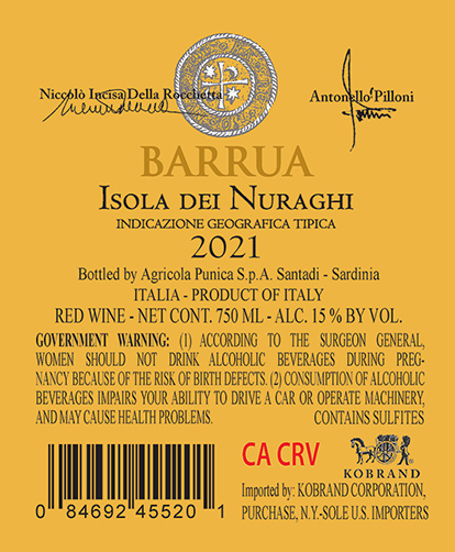 Barrua Isola dei Nuraghi IGT 2021 Back Label