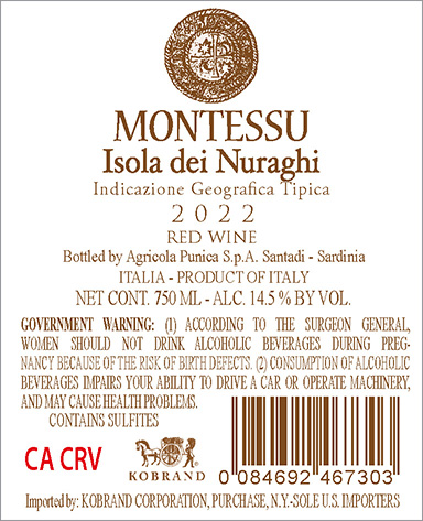 Montessu Isola dei Nuraghi IGT 2022 Back Label