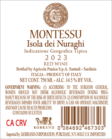 Montessu Isola dei Nuraghi IGT 2023 Back Label