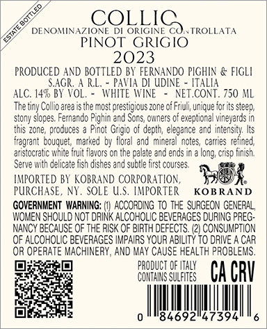Pinot Grigio Collio DOC 2023 Back Label
