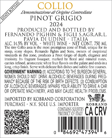 Pinot Grigio Collio DOC 2024 Back Label