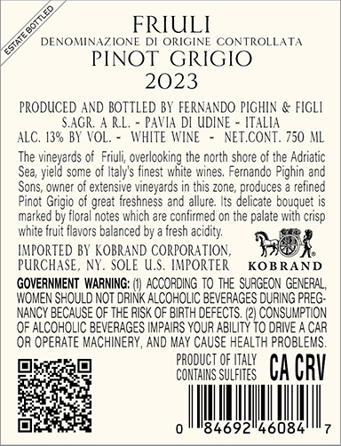 Pinot Grigio Friuli DOC 2023 Back Label