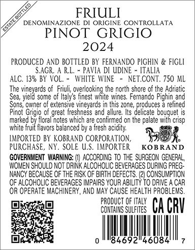 Pinot Grigio Friuli DOC 2024 Back Label