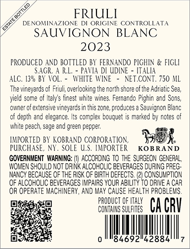 Sauvignon Blanc Friuli DOC 2023 Back Label