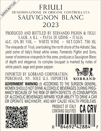 Sauvignon Blanc Friuli DOC 2023 Back Label