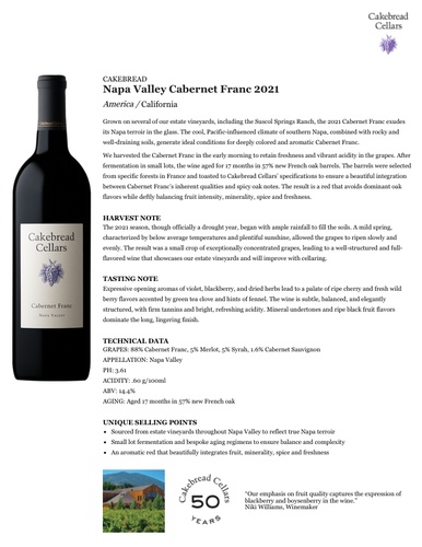 Napa Valley Cabernet Franc 2021 Fact Sheet