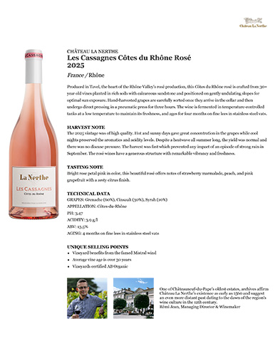 Les Cassagnes Côtes du Rhône Rosé 2025 Fact Sheet