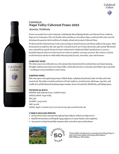 Napa Valley Cabernet Franc 2022 Fact Sheet