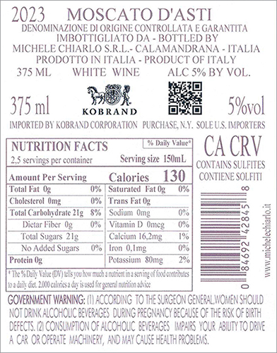 Nivole Moscato d’Asti DOCG 2023 Back Label (375ml)