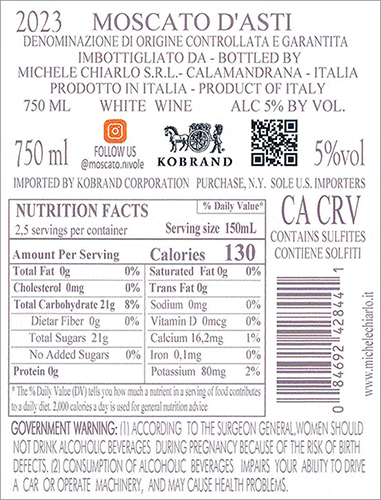 Nivole Moscato d’Asti DOCG 2023 Back Label (750ml)