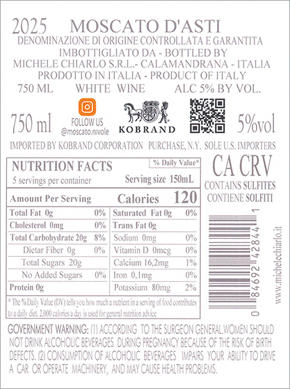 Nivole Moscato d’Asti DOCG 2025 Back Label (750ml)