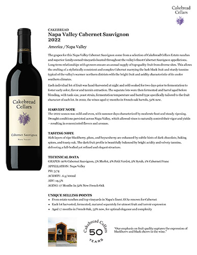 Napa Valley Cabernet Sauvignon 2022 Fact Sheet