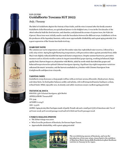 Guidalberto Toscana IGT 2023 Fact Sheet