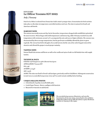 Le Difese Toscana IGT 2023 Fact Sheet