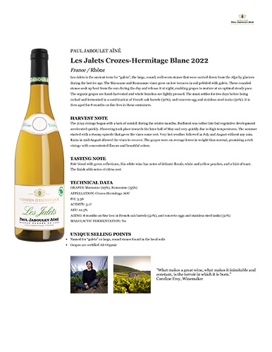 Les Jalets Crozes-Hermitage Blanc 2022 Fact Sheet