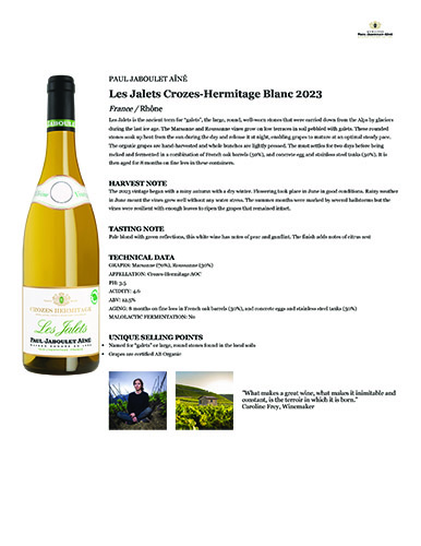 Les Jalets Crozes-Hermitage Blanc 2023 Fact Sheet