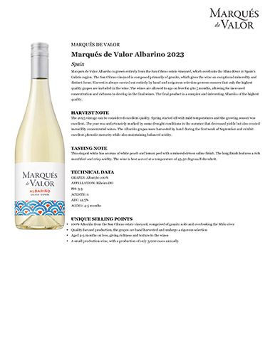 Marqués de Valor Albariño 2023 Fact Sheet