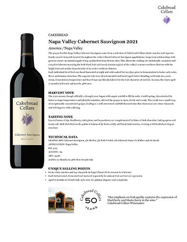 Napa Valley Cabernet Sauvignon 2021 Fact Sheet