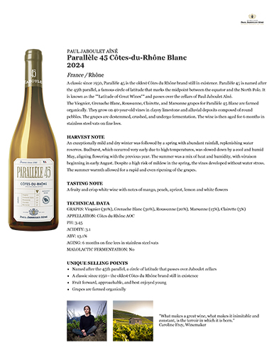 Parallèle 45 Côtes-du-Rhône Blanc 2024 Fact Sheet
