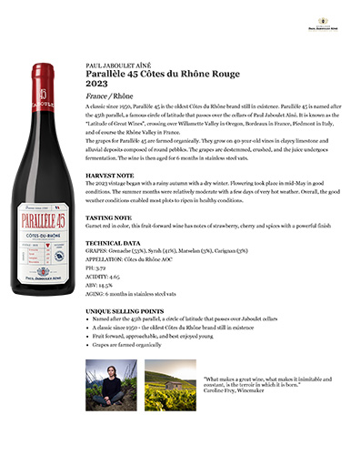 Parallèle 45 Côtes-du-Rhône Rouge 2023 Fact Sheet