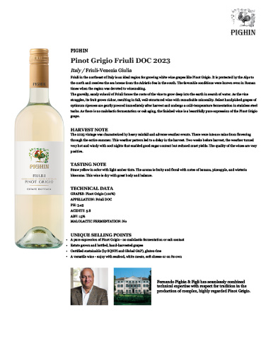 Pinot Grigio Friuli DOC 2023 Fact Sheet