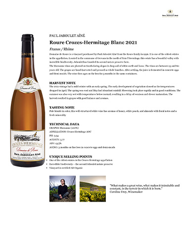 Roure Crozes-Hermitage Blanc 2021 Fact Sheet