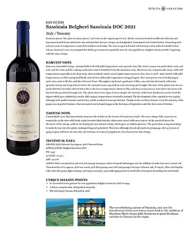 Sassicaia Bolgheri Sassicaia DOC 2021 Fact Sheet