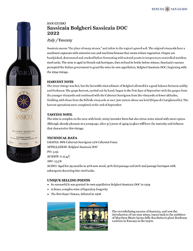Sassicaia Bolgheri Sassicaia DOC 2022 Fact Sheet
