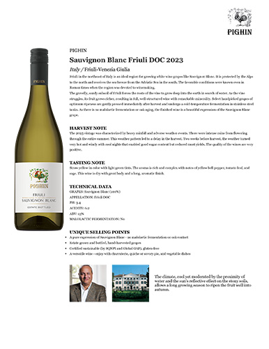 Sauvignon Blanc Friuli DOC 2023 Fact Sheet