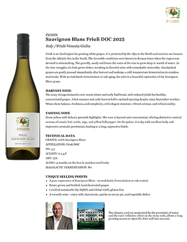 Sauvignon Blanc Friuli DOC 2025 Fact Sheet