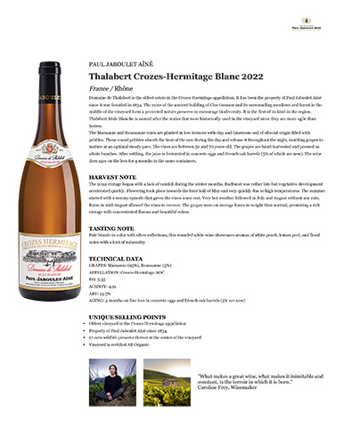 Thalabert Crozes-Hermitage Blanc 2022 Fact Sheet